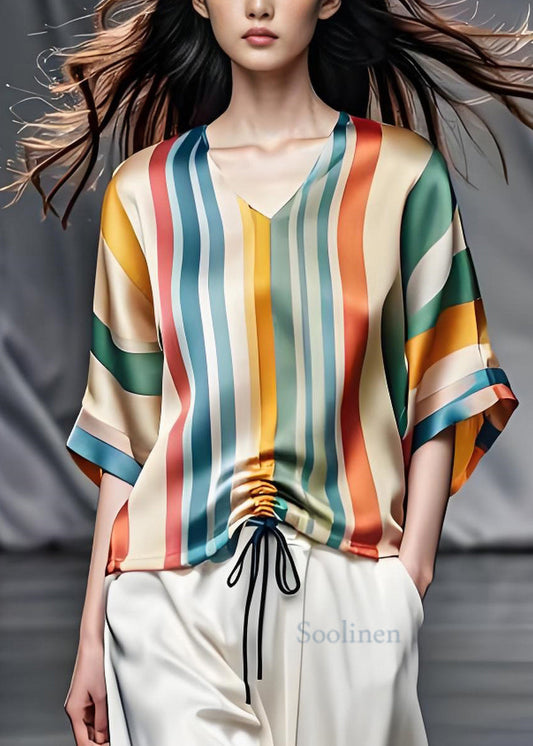 Colorblock V Neck Striped Cinched Silk Top Summer