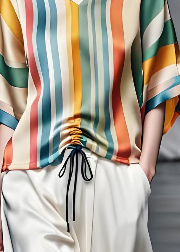 Colorblock V Neck Striped Cinched Silk Top Summer