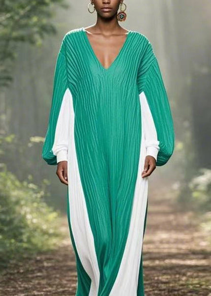 Colorblock V Neck Wrinkled Chiffon Long Dresses Spring
