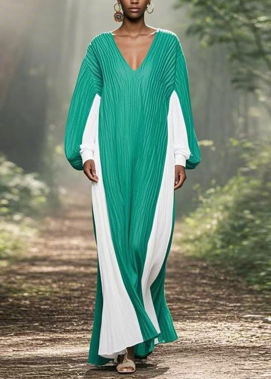 Colorblock V Neck Wrinkled Chiffon Long Dresses Spring