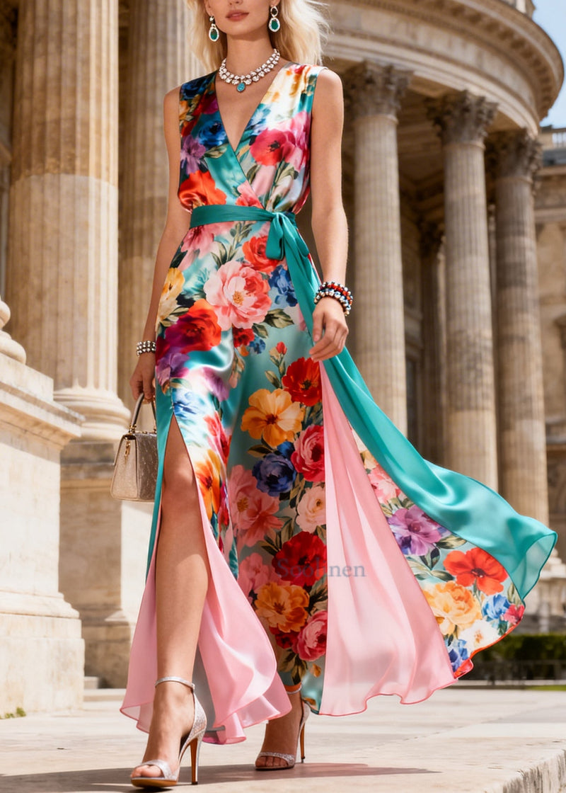 Colorful Flowers Patchwork Side Open Chiffon Long Dress Summer