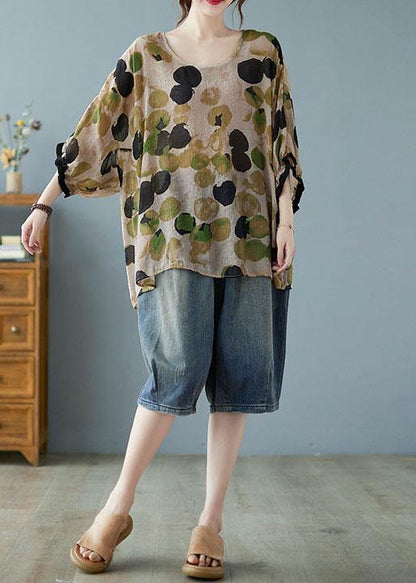 Cotton Linen Gray Dotted Top Batwing Sleeve