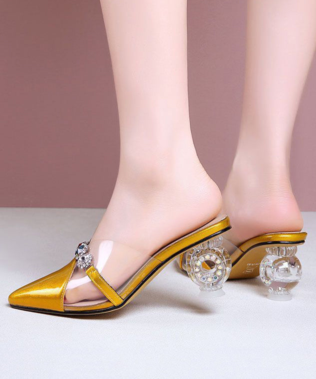 Crystal Chunky Heel Yellow Zircon Faux Leather Slide Sandals