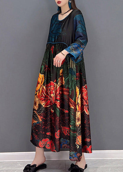 Cyan O-neck Print Silk Dress Three Quarter Sleeve
