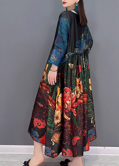 Cyan O-neck Print Silk Dress Three Quarter Sleeve