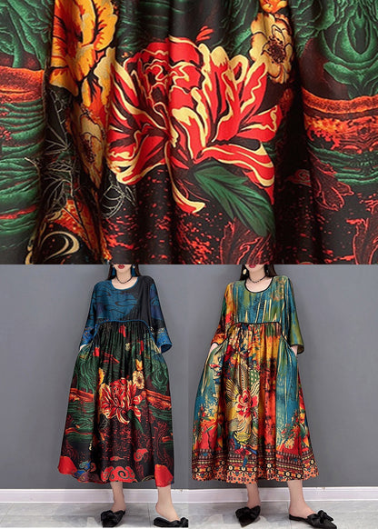 Cyan O-neck Print Silk Dress Three Quarter Sleeve