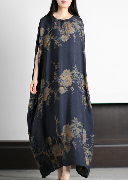 Dark Blue O-neck Print Silk Holiday Dress Short Sleeve
