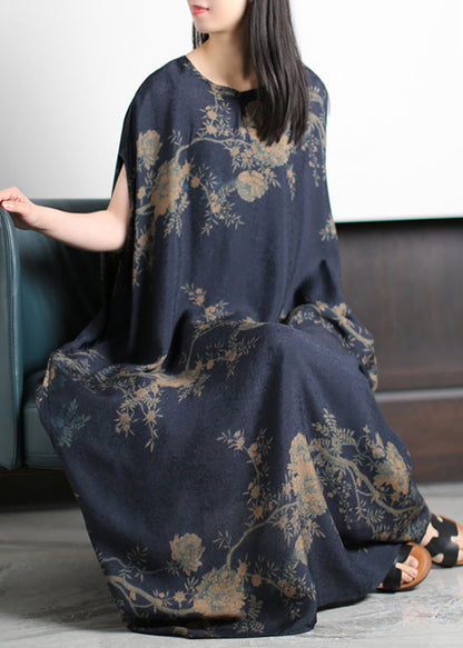 Dark Blue O-neck Print Silk Holiday Dress Short Sleeve