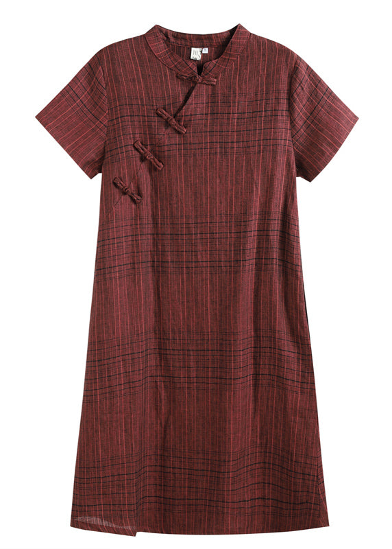 Dark Red Plaid Stand Collar Chinese Style Button Linen a Line Dresses Short Sleeve