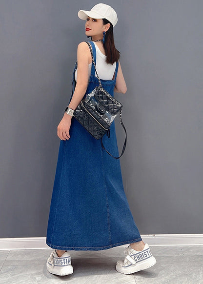 Denim Blue Asymmetrical Design Patchwork Cotton Fake Two Piece Strap Dress Summer