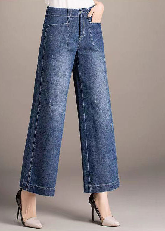 Denim Blue High Waist Pockets Draping Cotton Straight Pants Summer