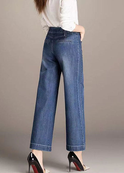 Denim Blue High Waist Pockets Draping Cotton Straight Pants Summer