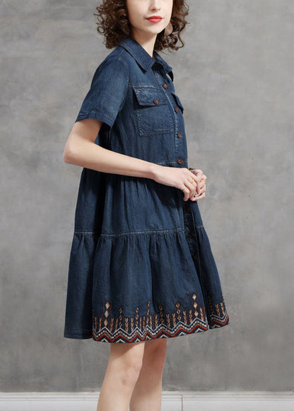 Denim Blue Peter Pan Collar Embroideried Cotton Shirt Dress Short Sleeve