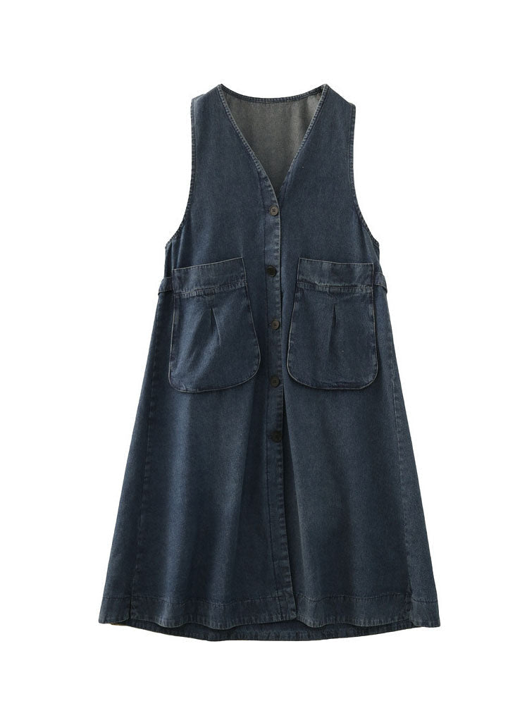 Denim Blue V Neck Patchwork Pockets Cotton a Line Dress Sleeveless