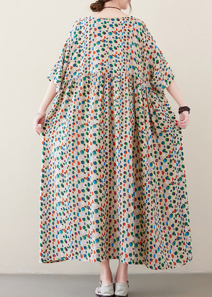 Dot Print Patchwork Cotton Vacation Long Dresses Short Sleeve