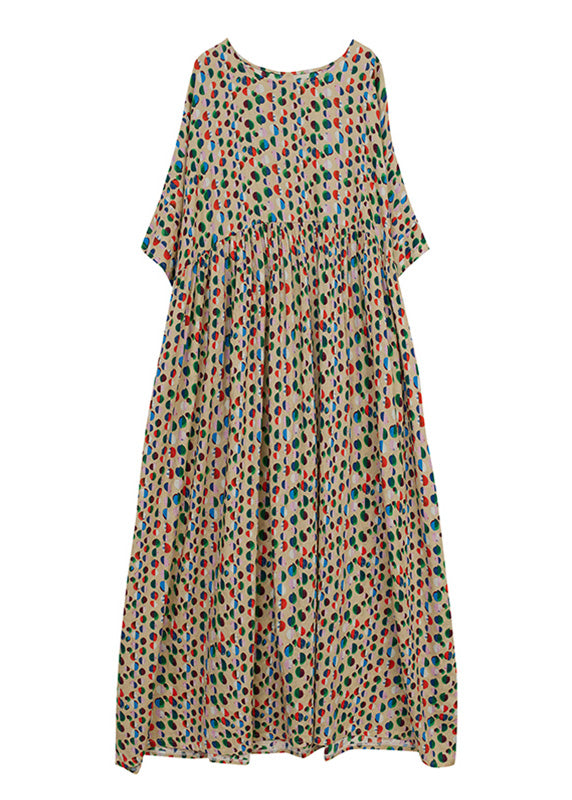 Dot Print Patchwork Cotton Vacation Long Dresses Short Sleeve