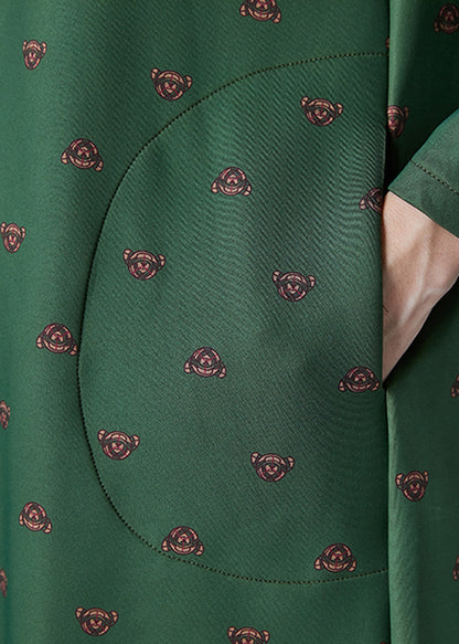 Dull Green Peter Pan Collar Print Cotton Dress Fall