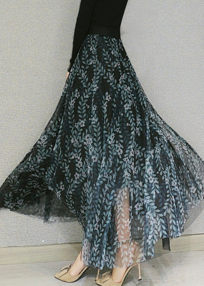 Dull Green Print Elastic Waist Tulle Maxi Skirts Spring