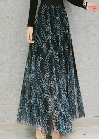 Dull Green Print Elastic Waist Tulle Maxi Skirts Spring
