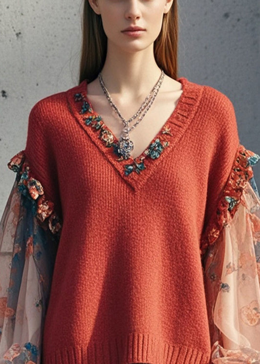 Dull Red Ruffled Patchwork Print Short Sweater Lantern Sleeve