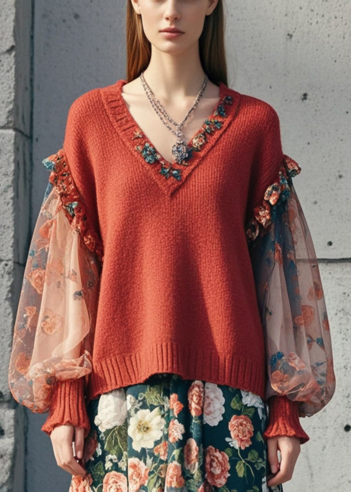Dull Red Ruffled Patchwork Print Short Sweater Lantern Sleeve