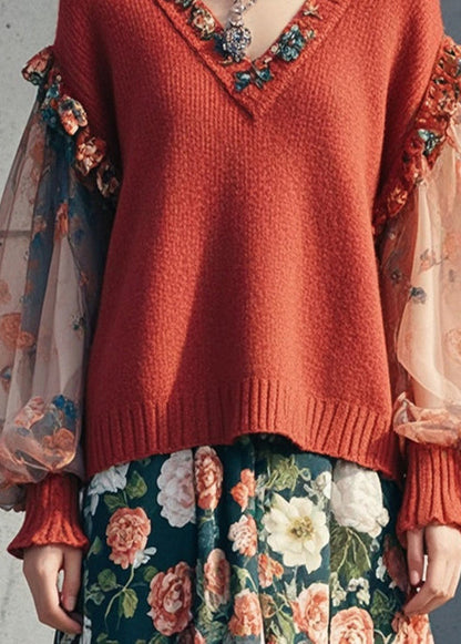 Dull Red Ruffled Patchwork Print Short Sweater Lantern Sleeve
