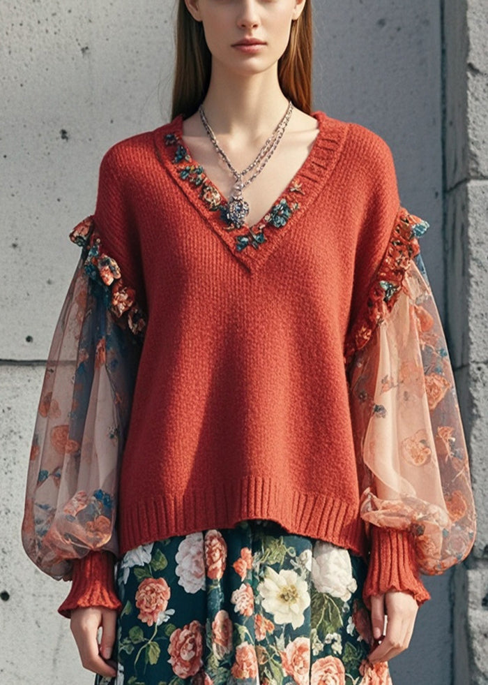 Dull Red Ruffled Patchwork Print Short Sweater Lantern Sleeve
