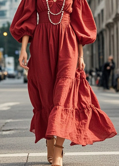 Dull Red V Neck Exra Large Hem Silm Fit Dress Lantern Sleeve