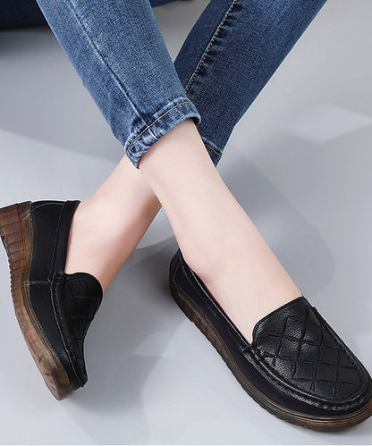 Embroidery Flat Feet Shoes Black Cowhide Leather