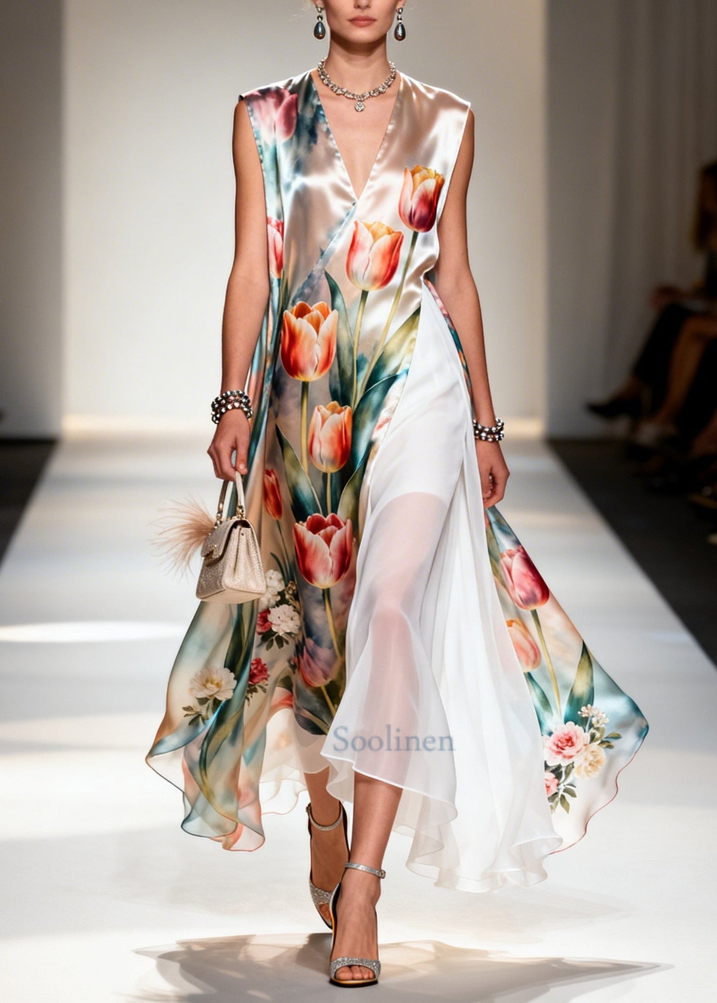 Flower Print Patchwork Chiffon Maxi Dresses Sleeveless