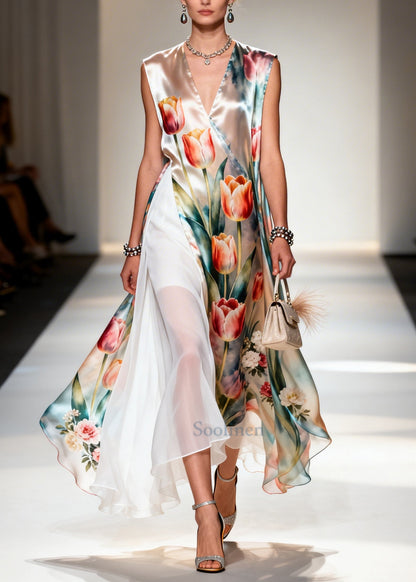 Flower Print Patchwork Chiffon Maxi Dresses Sleeveless