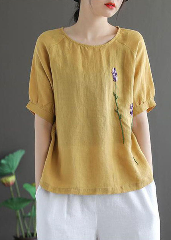 Ginger Embroideried Linen Tops Short Sleeve