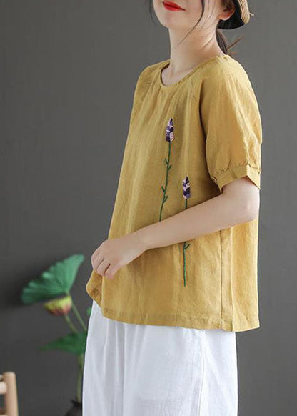 Ginger Embroideried Linen Tops Short Sleeve