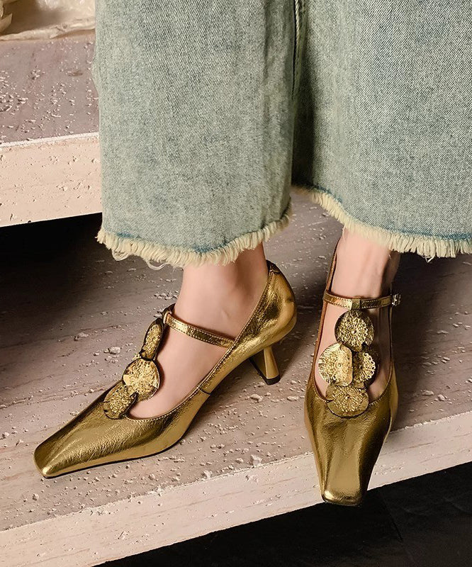 Gold Buckle Strap Decorated Splicing Heels Shoes