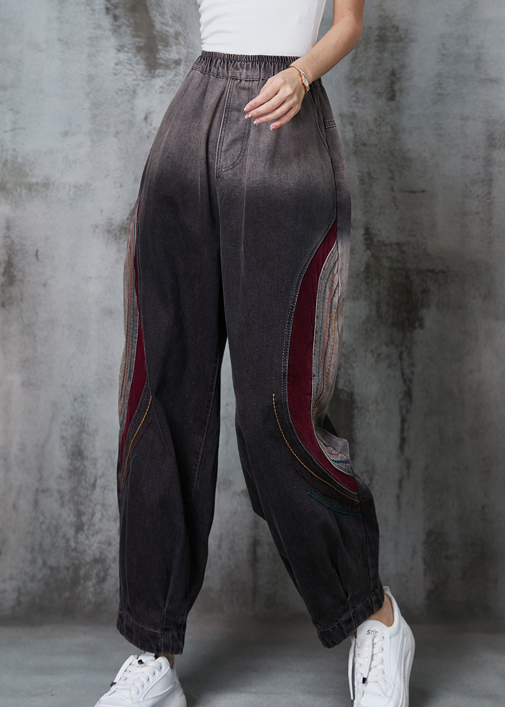 Gradient Color Embroidered Patchwork Denim Pants Spring