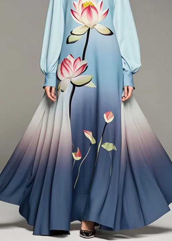 Gradient Color Lotus Print Chiffon Dress Spring