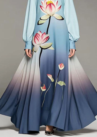 Gradient Color Lotus Print Chiffon Dress Spring