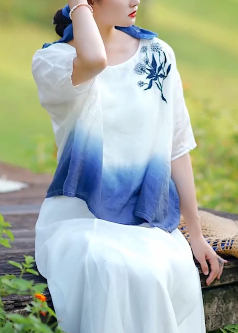 Gradient Color O Neck Embroideried Linen T Shirt Summer