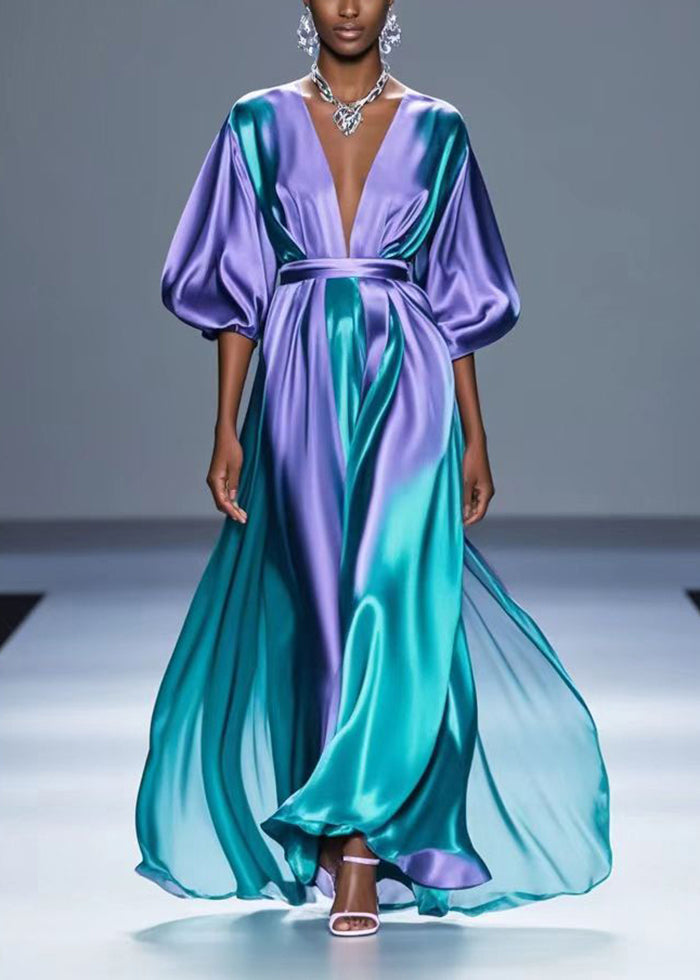 Gradient Purple V Neck Tie Dye Silk Long Dress Spring