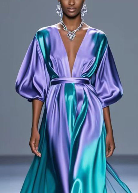 Gradient Purple V Neck Tie Dye Silk Long Dress Spring
