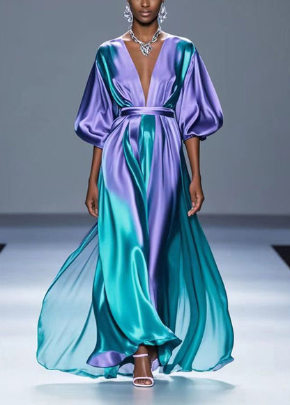 Gradient Purple V Neck Tie Dye Silk Long Dress Spring