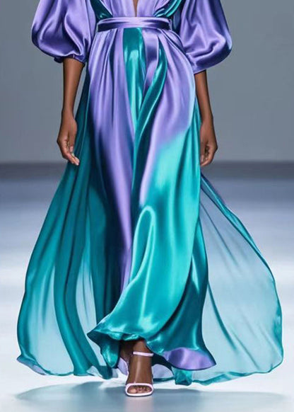 Gradient Purple V Neck Tie Dye Silk Long Dress Spring