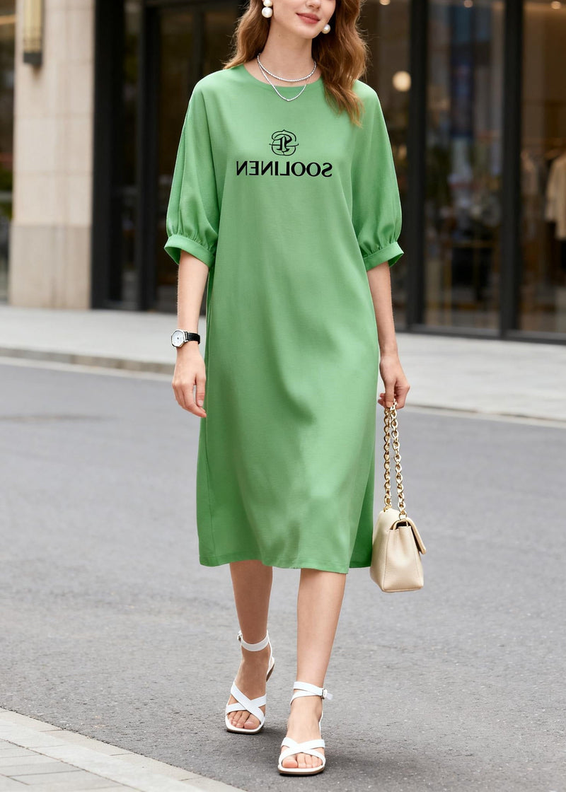 Grass Green Print Cotton Straight Dresses Summer