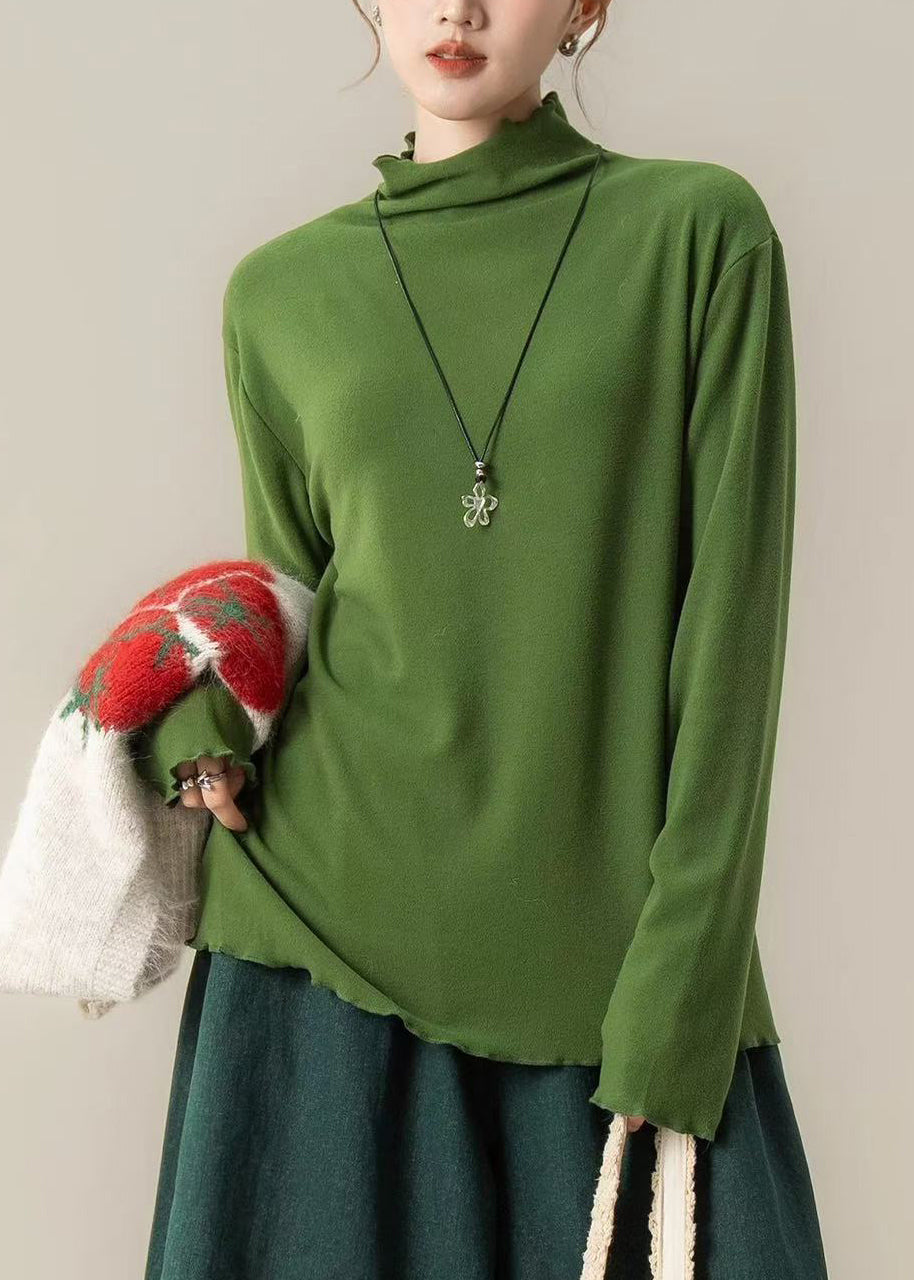 Beautiful Grass Green Stand Collar Cotton Shirts Spring