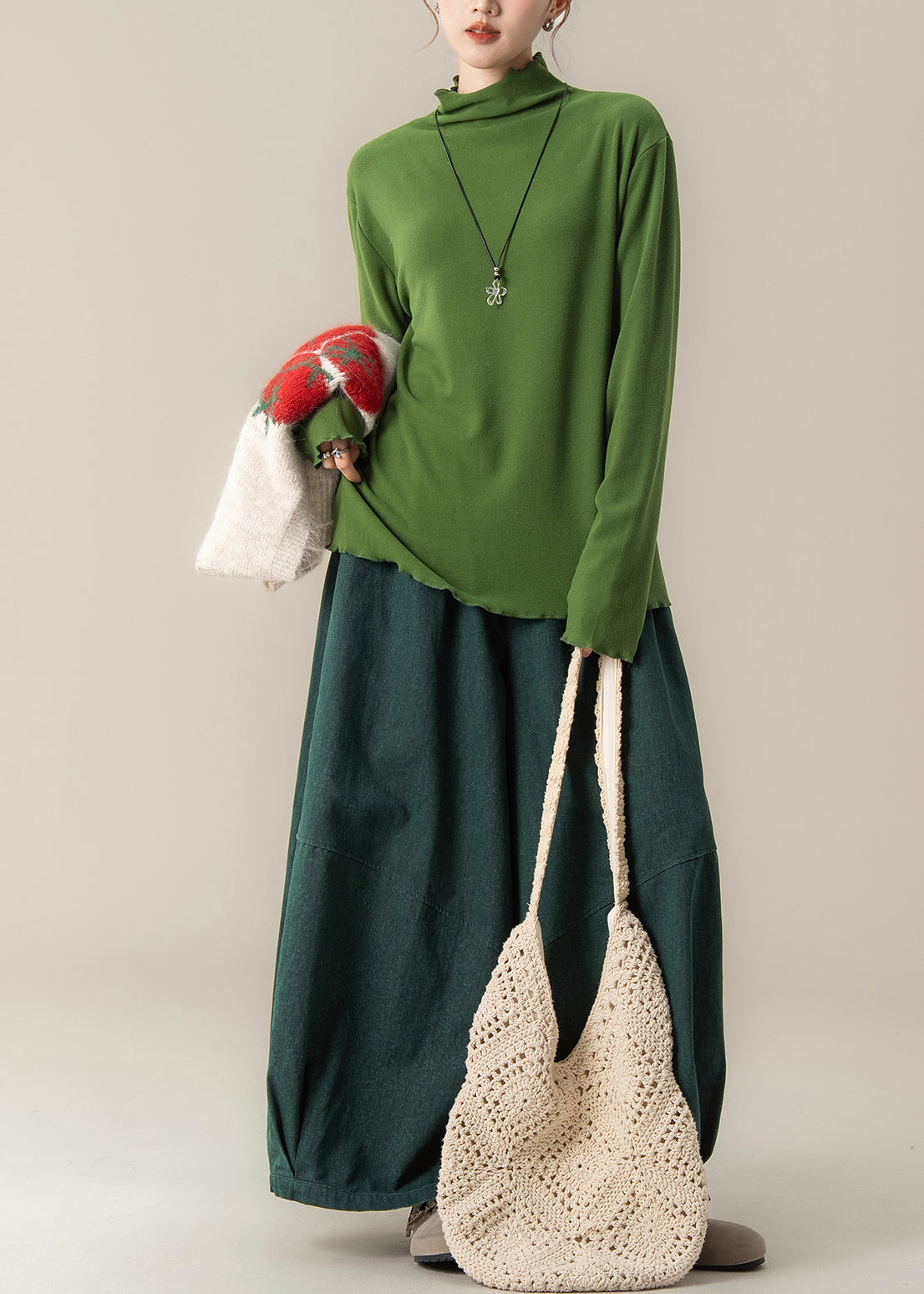 Beautiful Grass Green Stand Collar Cotton Shirts Spring