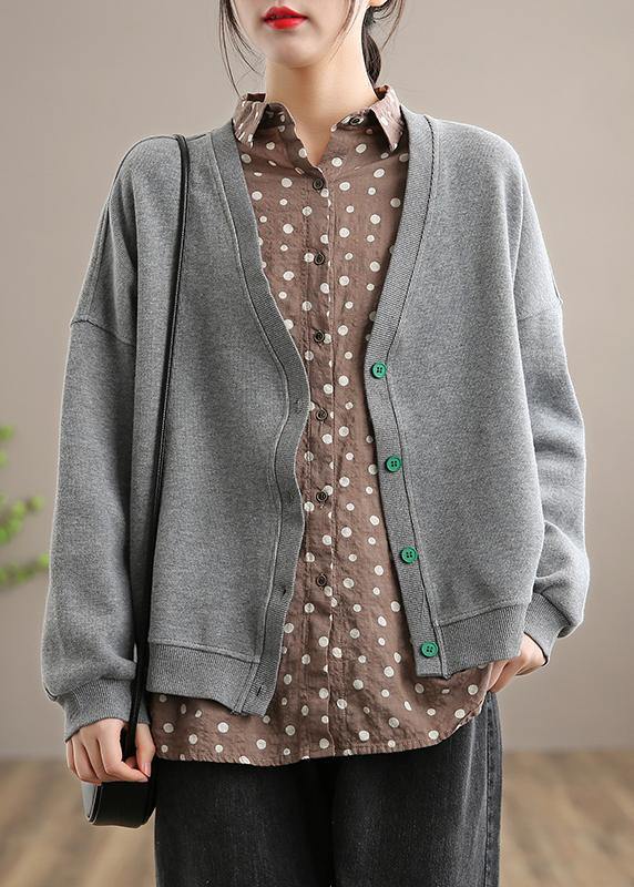Gray Clothes Pattern V Neck Button Down Spring Outwears