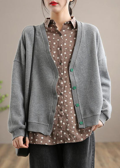 Gray Clothes Pattern V Neck Button Down Spring Outwears