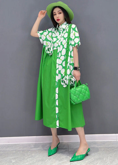 Green Asymmetrical Design Dot Print Cotton Shirt Dresses Short Sleeve