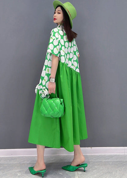 Green Asymmetrical Design Dot Print Cotton Shirt Dresses Short Sleeve