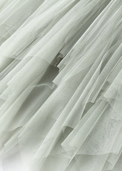 Green Asymmetrical Elastic Waist Tulle Pleated Skirt Summer